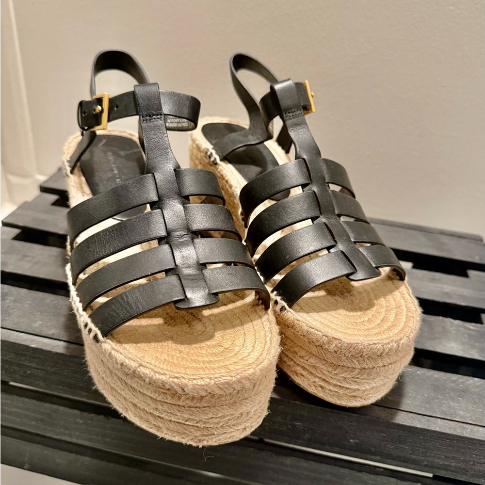 Tory Burch Fisherman Platform Espadrille Wedge Sandals Black Leather Size 8